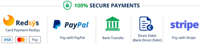 Payments 100% secure with Redsys, PayPal, bank transfer and Stripe