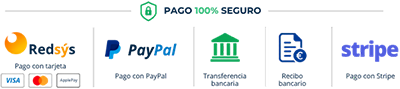 Pago 100% seguro con Redsys, PayPal, transferencia bancaria y Stripe