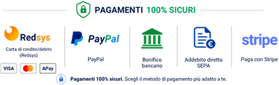 Pagamenti 100% sicuri con Redsys, PayPal, bonifico bancario e Stripe
